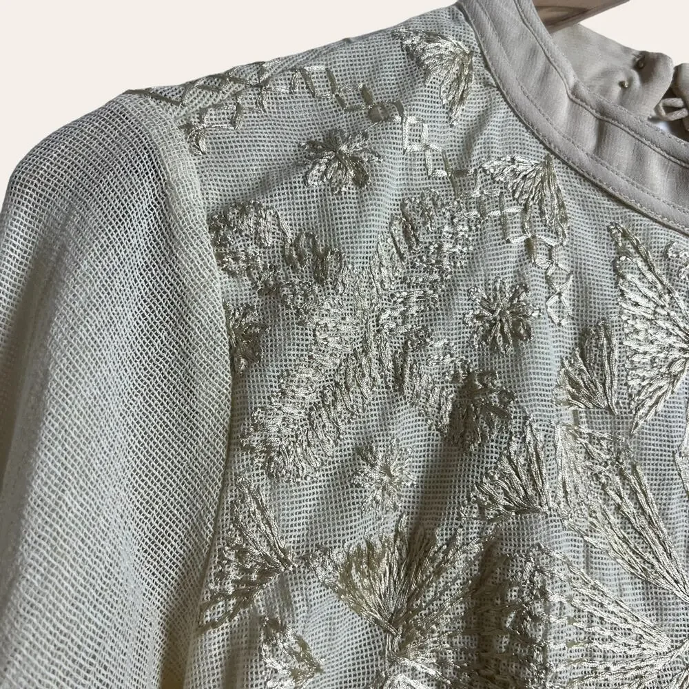 Free People Cleo Cream Embroidered Flare Sleeve Mock Neck Mini Dress 6